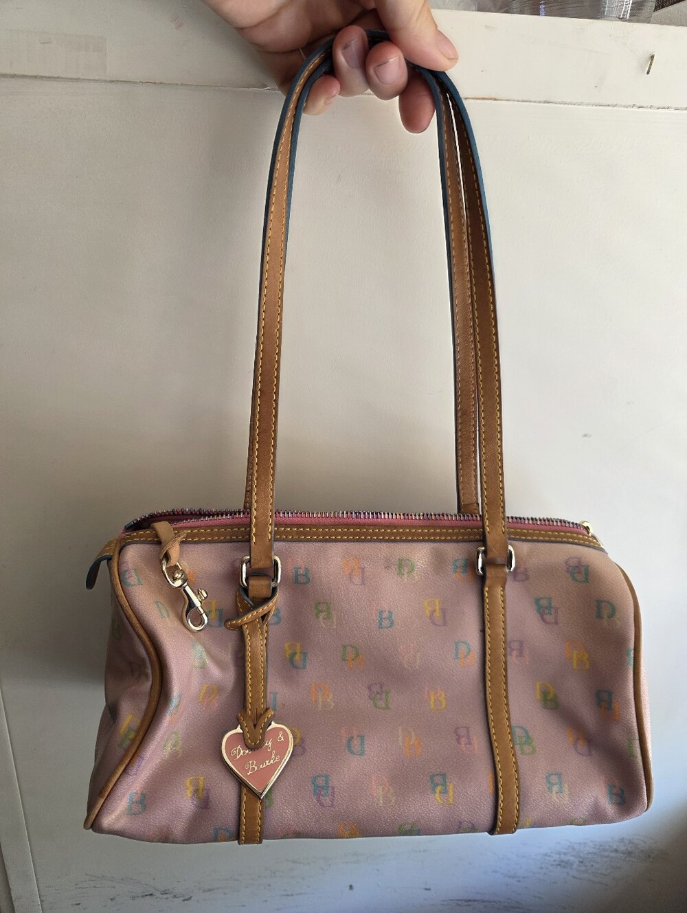 Vintage Y2K 90s Dooney & Bourke Pink Signature Heart Charm Barrel Baguette Bag